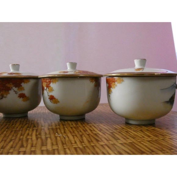 Vintage Kutani Yunomi, Lidded Tea Cup Set, With Autumnal Décor - Picture 5 of 8